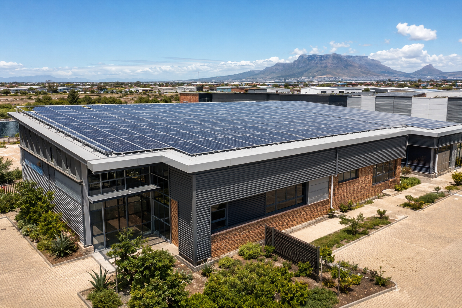 Commercial building with a large rooftop solar installation